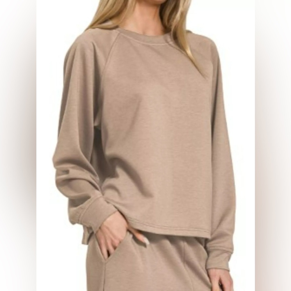 New Zenana Scuba Crewneck Sweatshirt Pants Set beige cocoa taupe large lounge - Picture 3 of 7